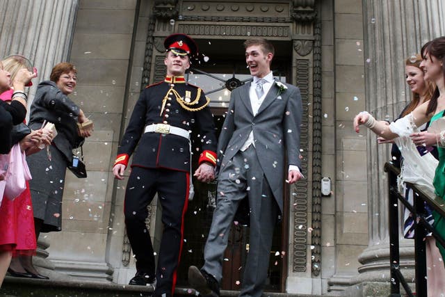 James Wharton, left, married his partner Thom McCaffrey at Marylebone Town Hall in 2010
