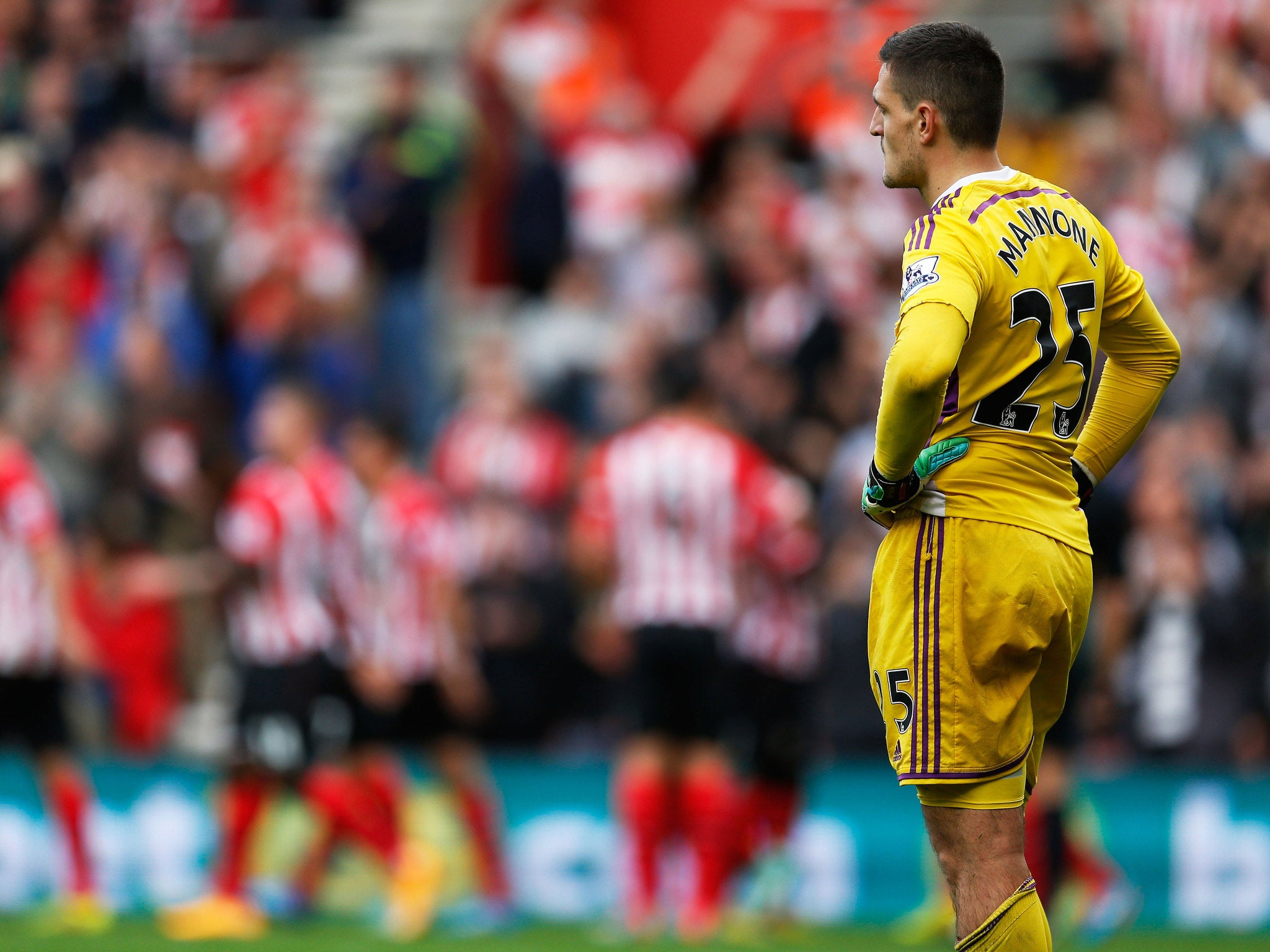 Vito Mannone looks on during the 8-0 thrashing