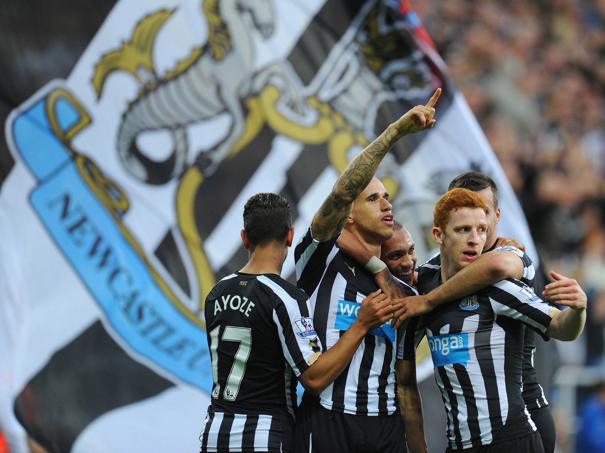 Gabriel Obertan celebrates with his Newcastle players