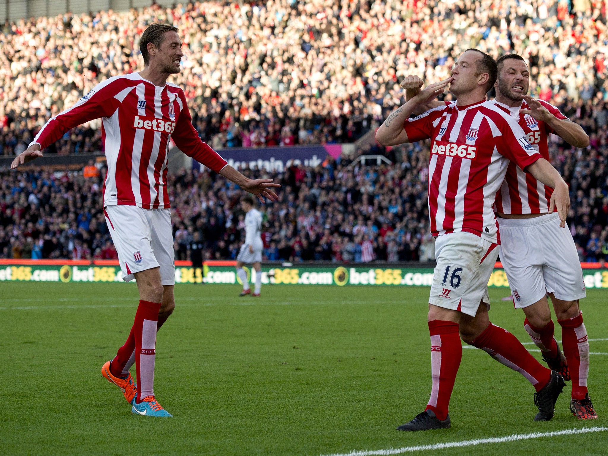 Stoke City's Scottish midfielder Charlie Adam celebrates scoring a penalty