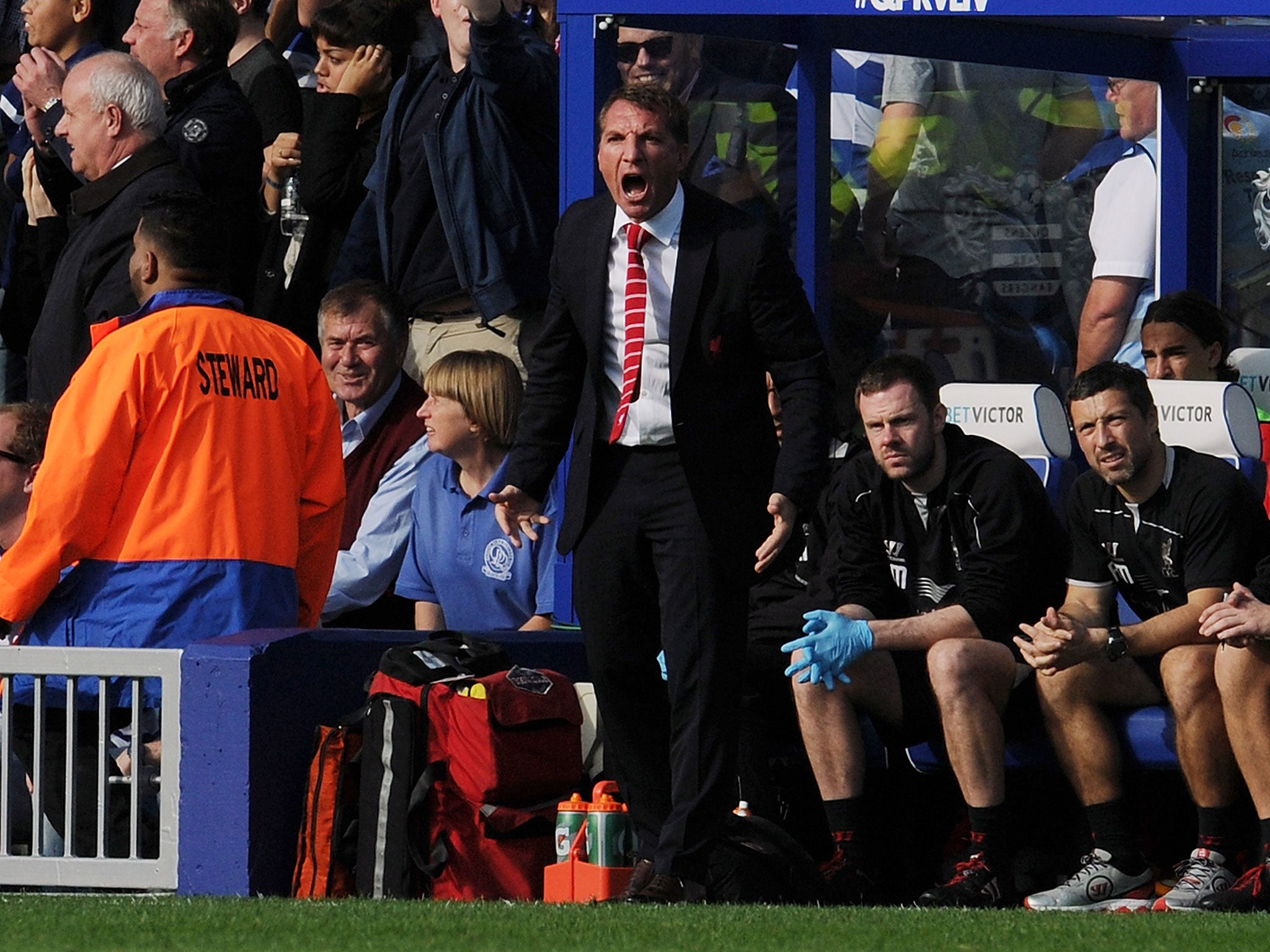 Brendan Rodgers remonstrates on the touchline during Liverpool's win over QPR
