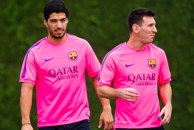 Luis Suarez and Lionel Messi during Barcelona training