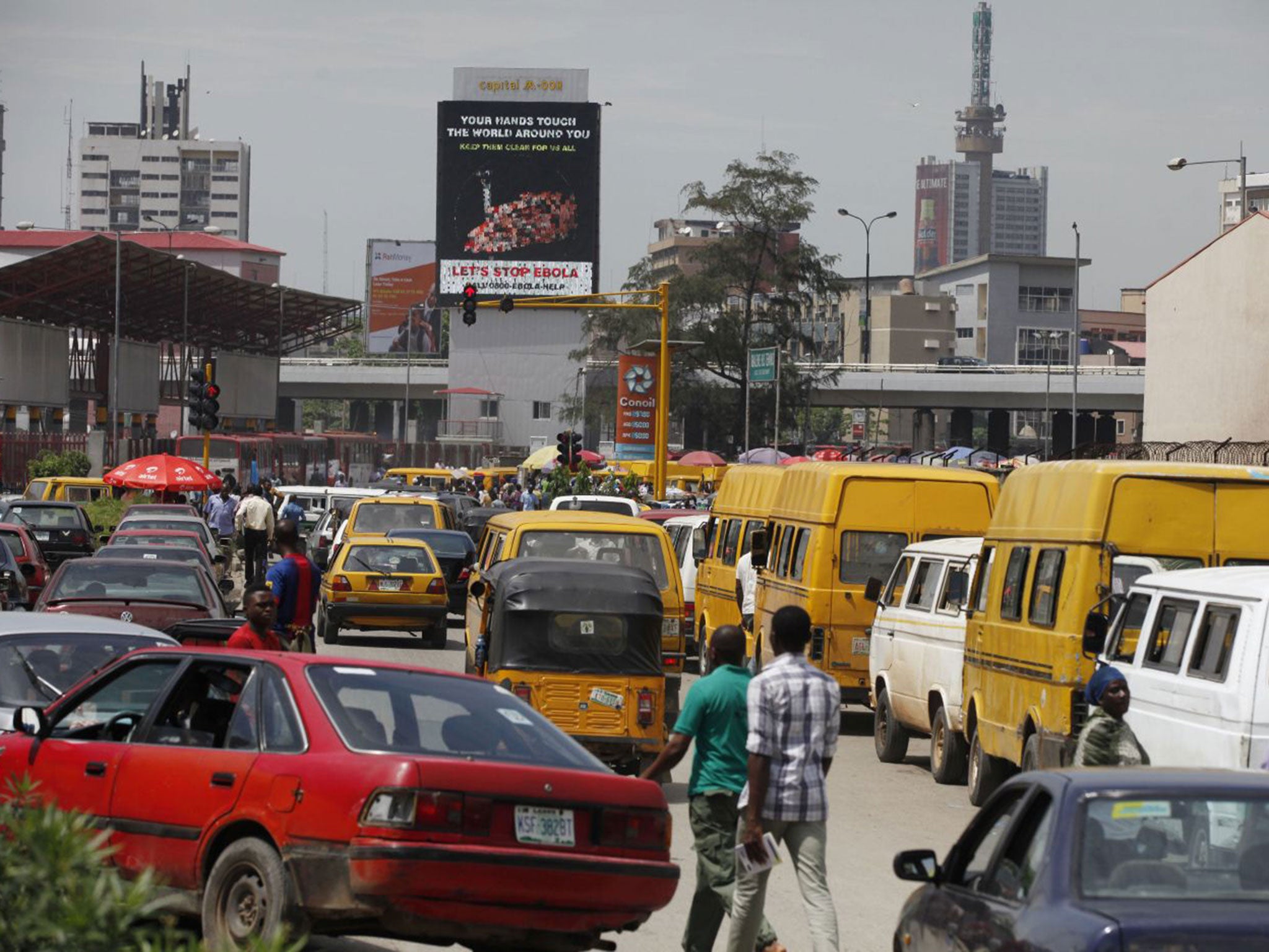An electronic board warns people of the Ebola virus near a hospital in Lagos