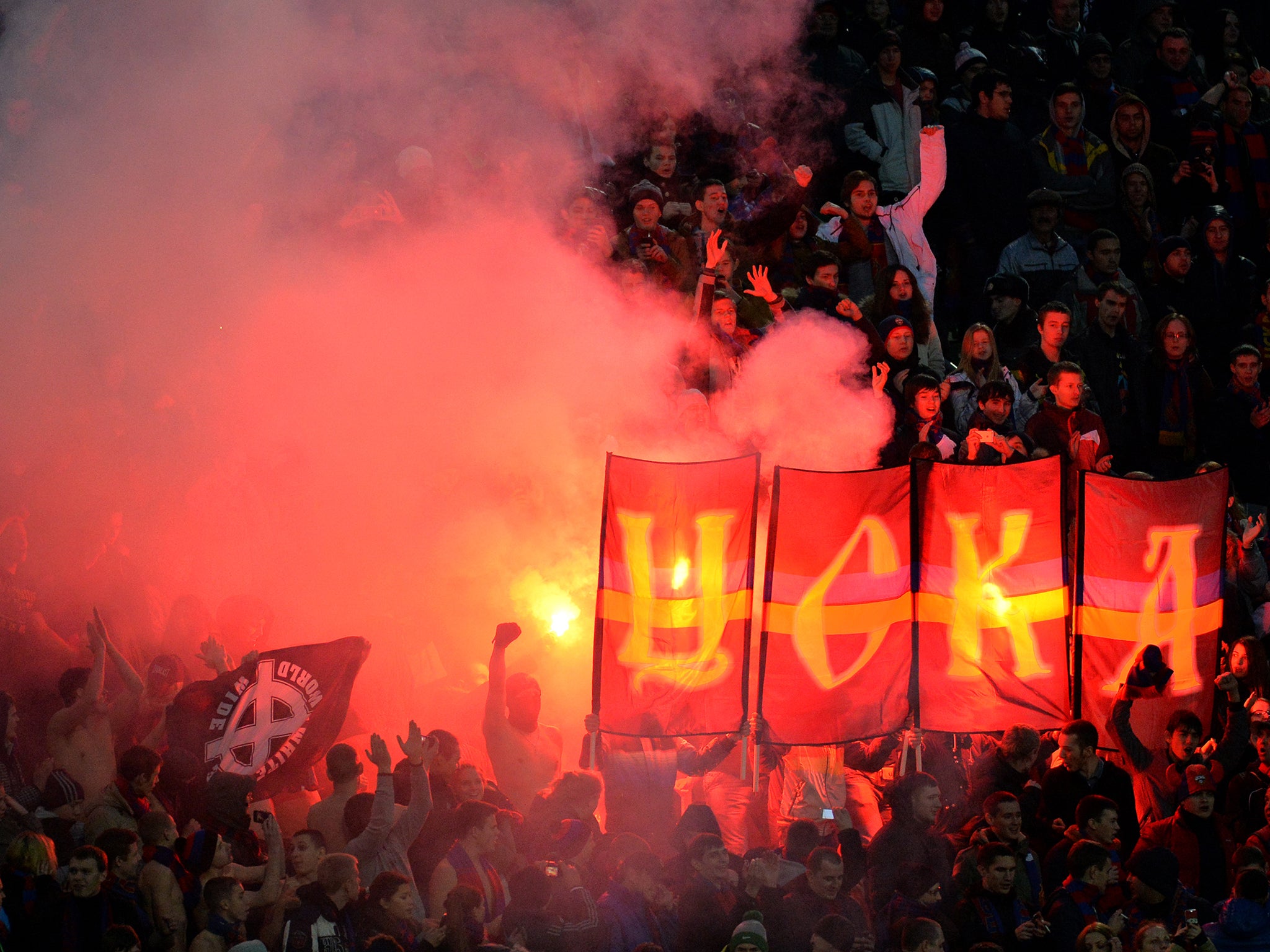 CSKA Moscow fans light flares during the Russian Premier League match between PFC CSKA Moscow and FC Terek Grozny