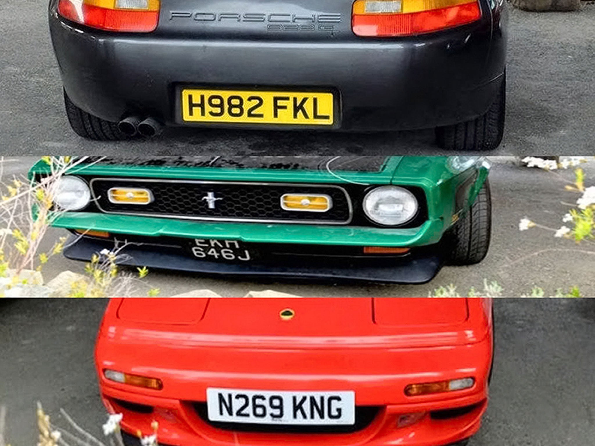 A montage of the registration plates on the Top Gear cars in Argentina. It has been claimed that not only did Jeremy Clarkson's black Porsche 928 have a registration plate with a reference to the Falklands war, but so did Richard Hammond's green Ford Mus