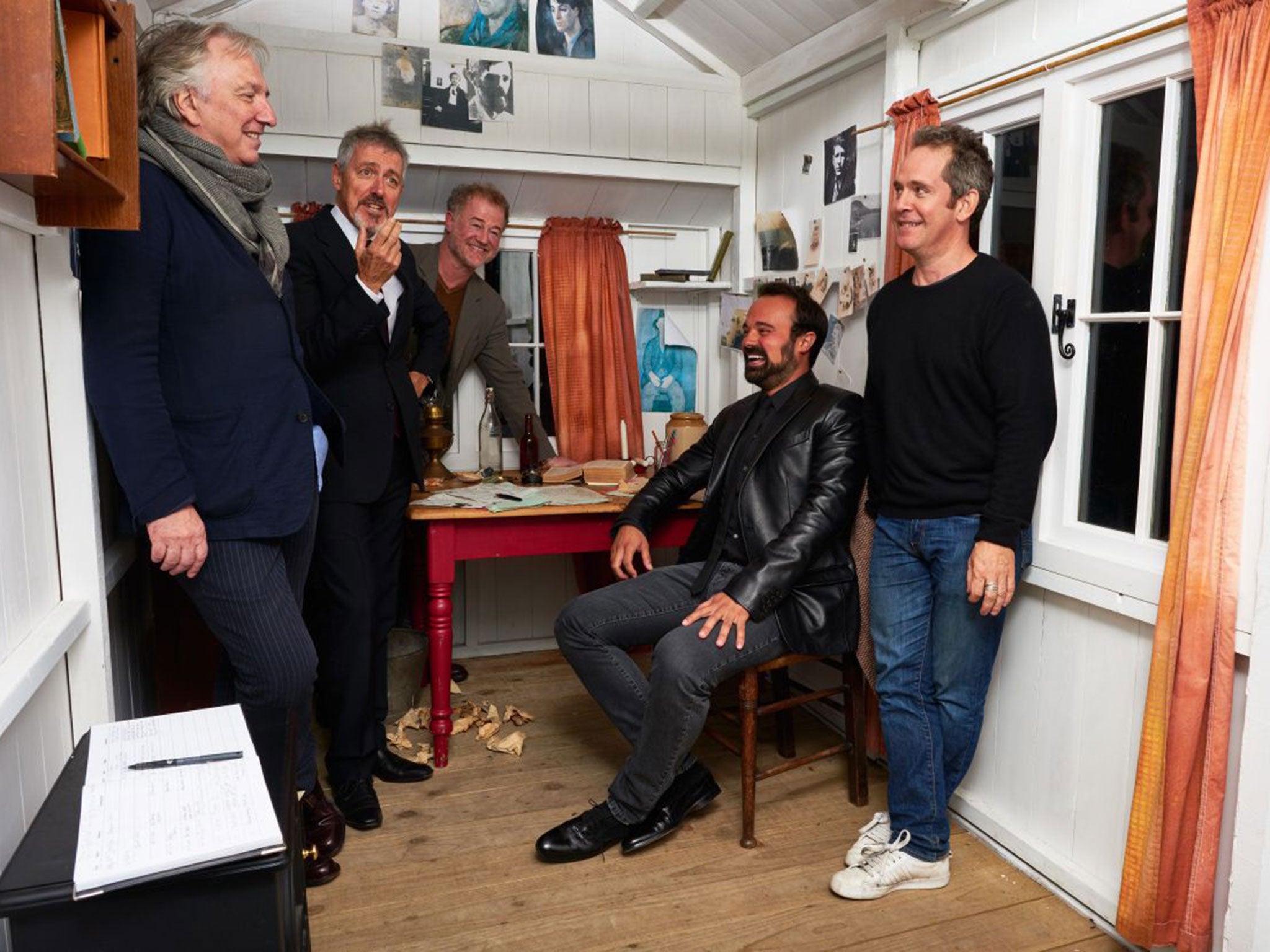 From left: Alan Rickman, Griff Rhys Jones, Owen Teale, Evgeny Lebedev and Tom Hollander in a replica of Dylan Thomas’s shed on Monday