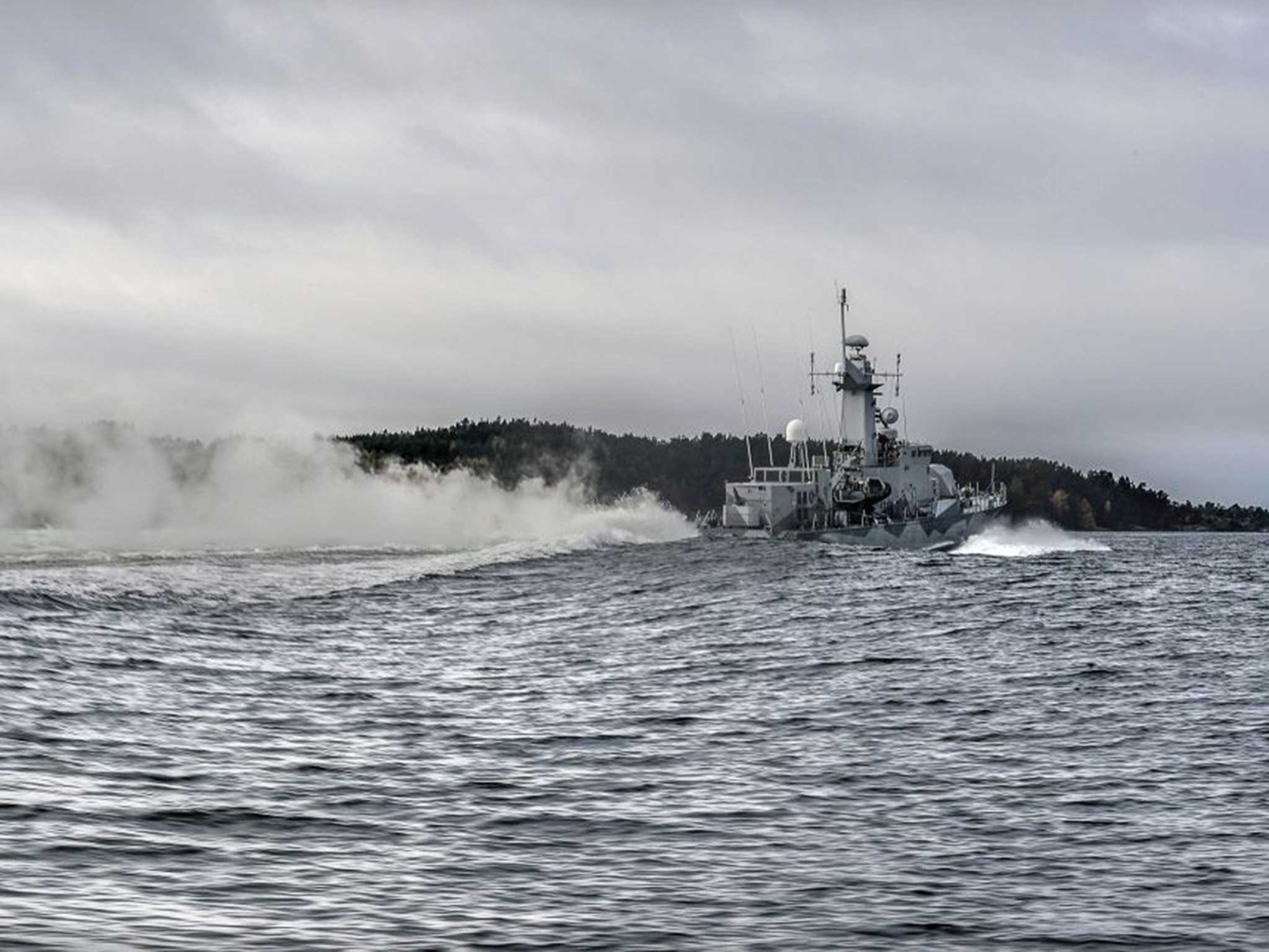 Swedish corvette HMS Stockholm patrols Jungfrufjarden in the Stockholm archipelago