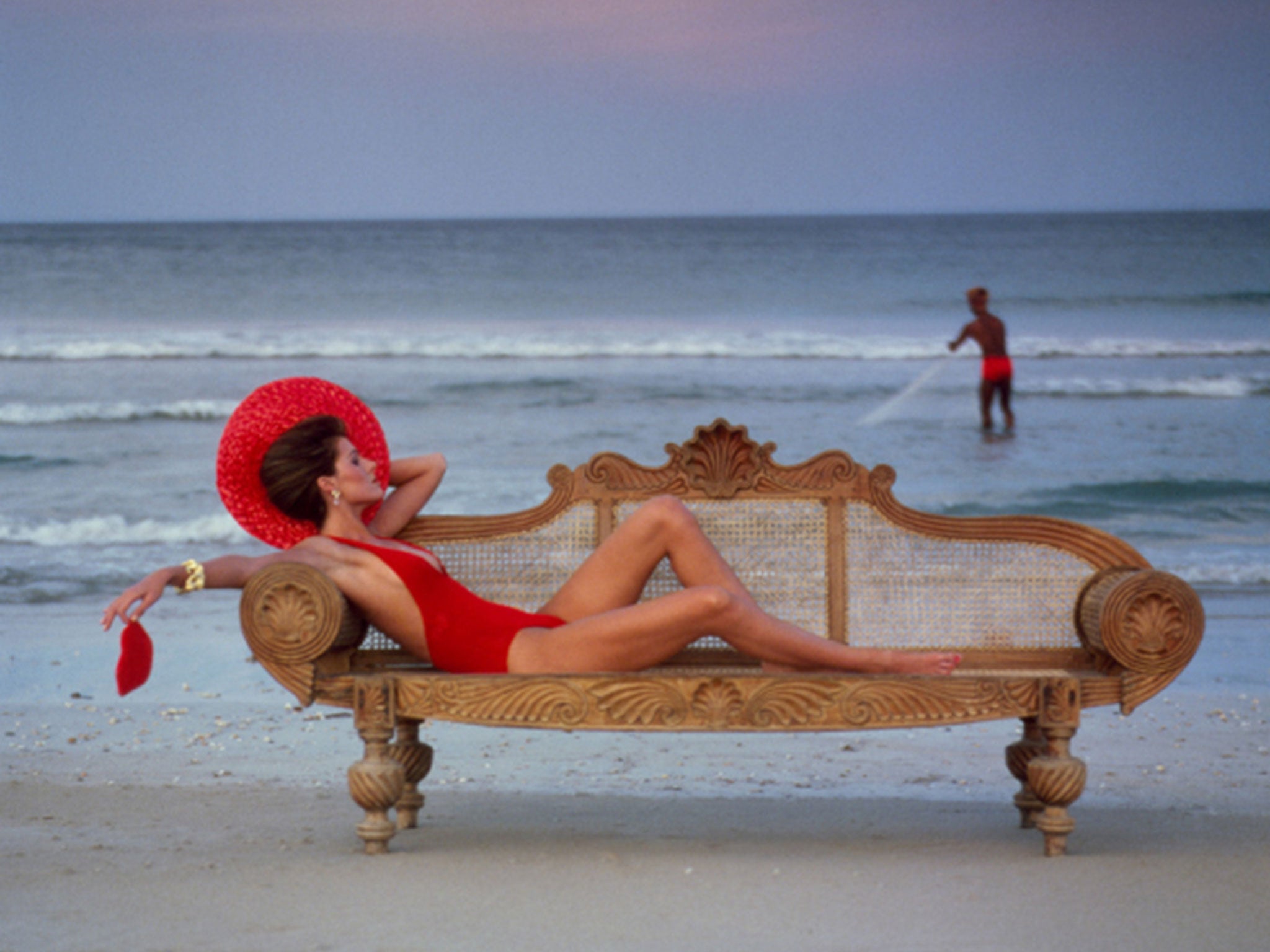 Norman Parkinson's 1980 photograph of Pilar Crespi on Trincomalee beach, Sri Lanka