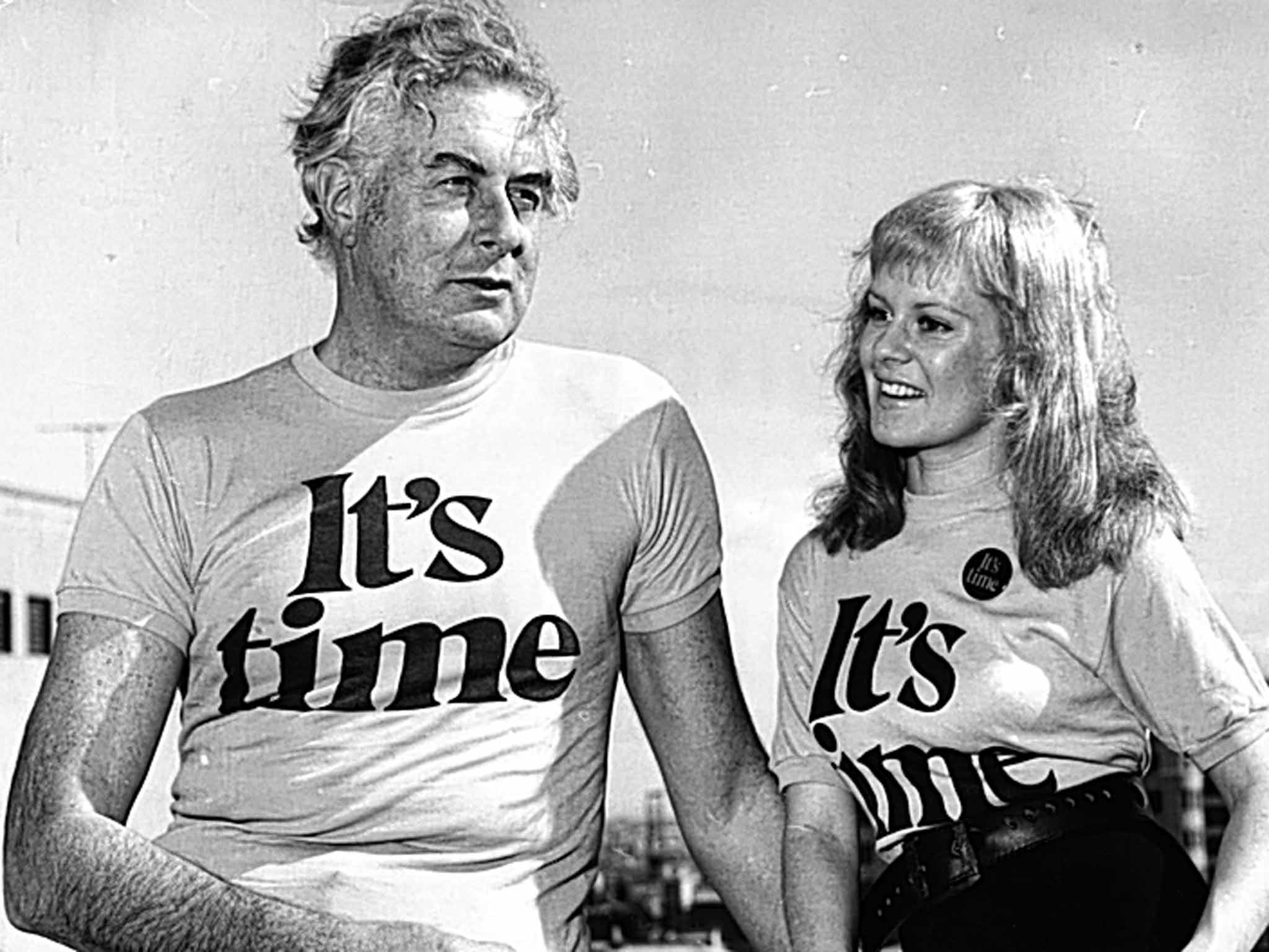 Whitlam, with the singer Little Pattie, wearing the memorable 'It's Time' T-shirts during the victorious 1972 election campaign