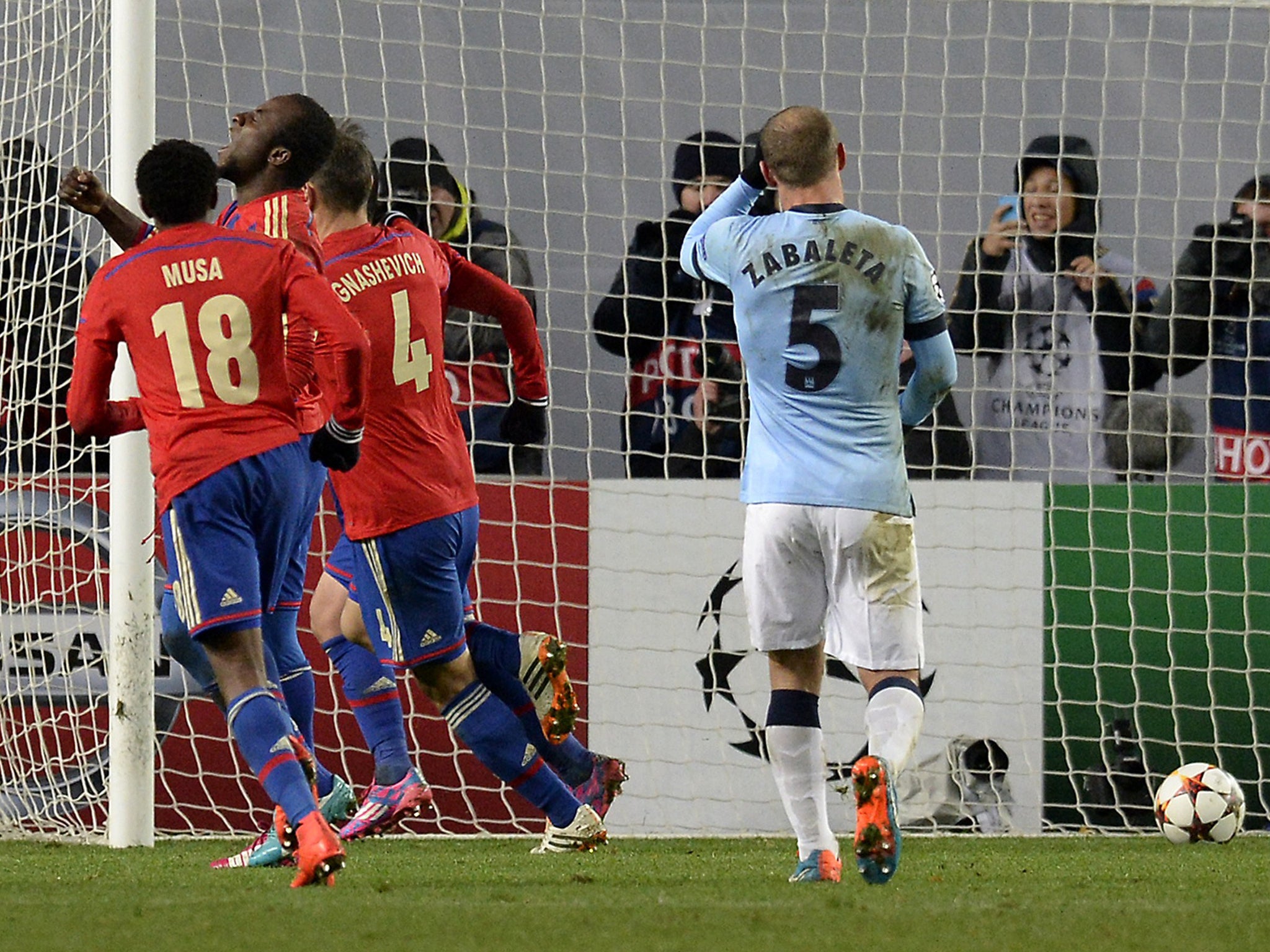CSKA Moscow celebrate after equalising with a late penalty against Manchester City on Tuesday