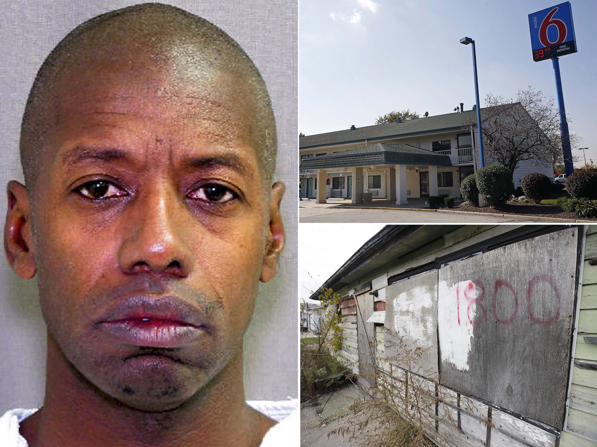 Darren Vann; (top right) The motel where the body of Afrika Hardy was found in Hammond, Indiana; (bottom right) an abandoned home in Gary, Indiana, where another body was found