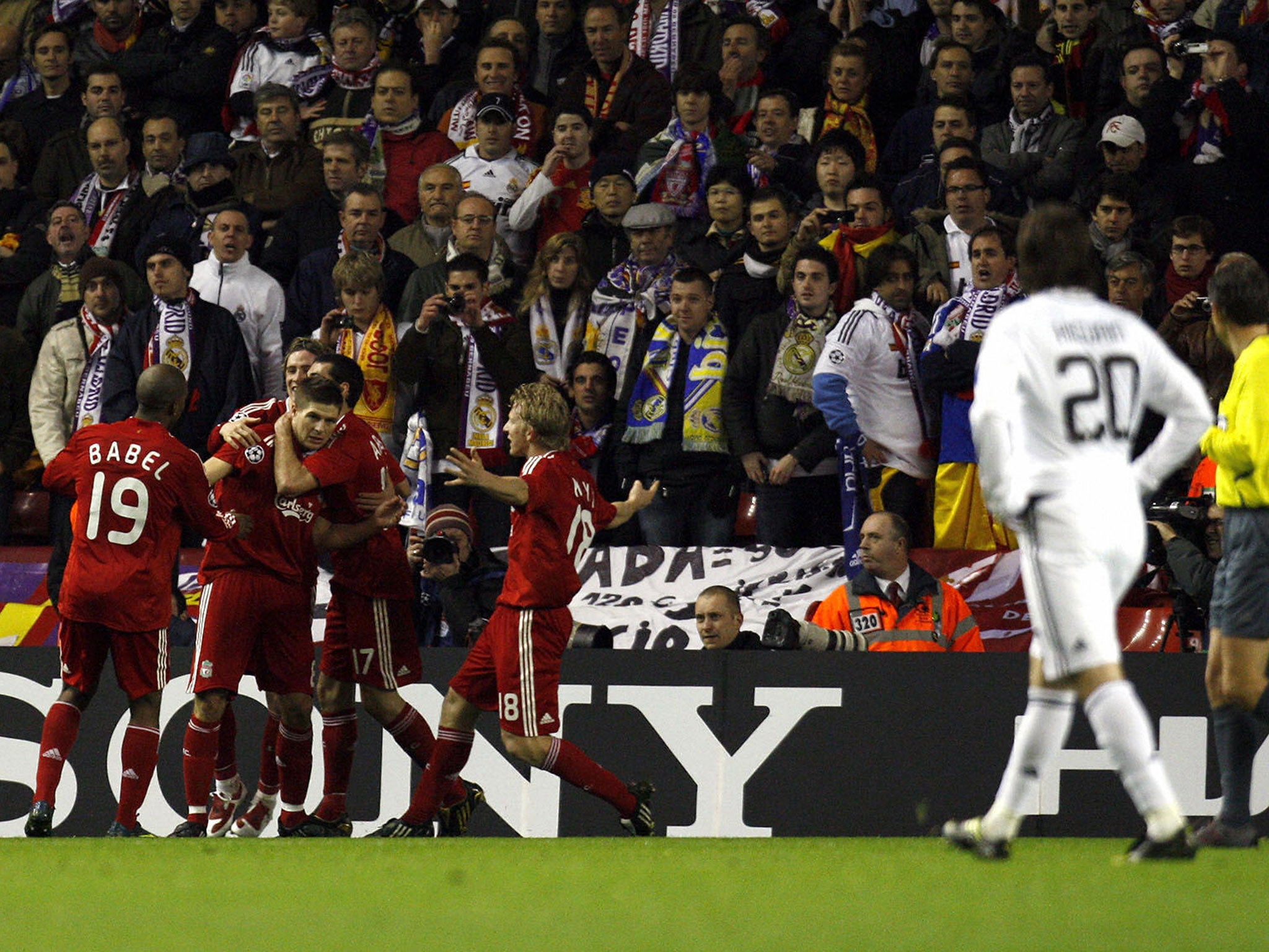 Liverpool players celebrate during the 4-0 win at Anfield in 2009