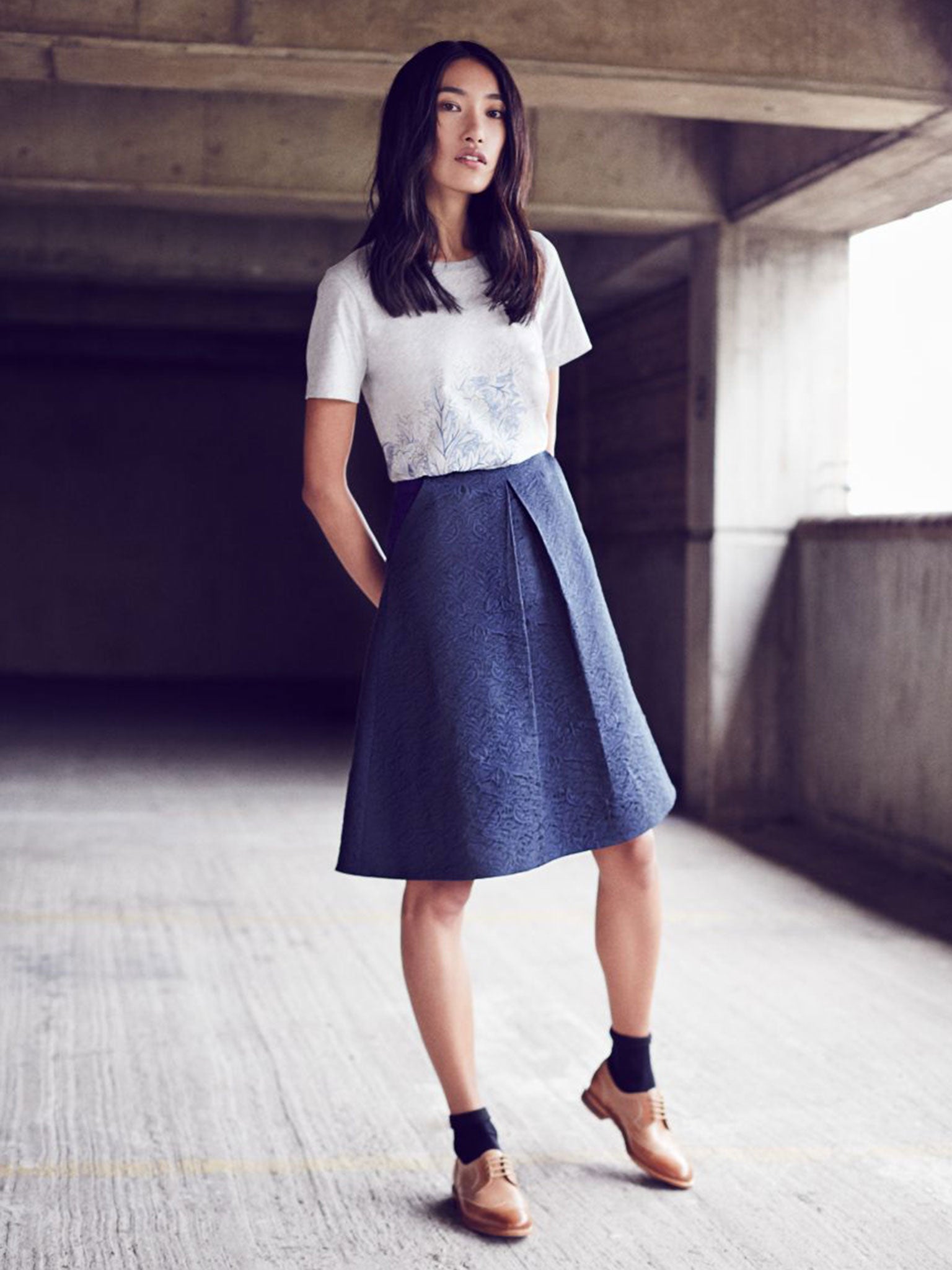 Model wears: T-shirt £35, skirt £129, brogues £198; jigsaw-online.com