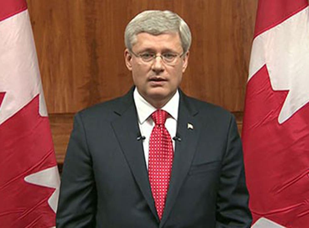 Canada Prime Minister Stephen Harper speaks during a televised address to the nation in Ottawa, Ontario, on Wednesday, October 22
