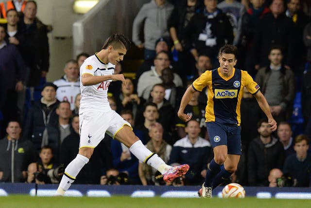 Erik Lamela doubles Tottenham’s lead with the first of his two goals, an audacious strike