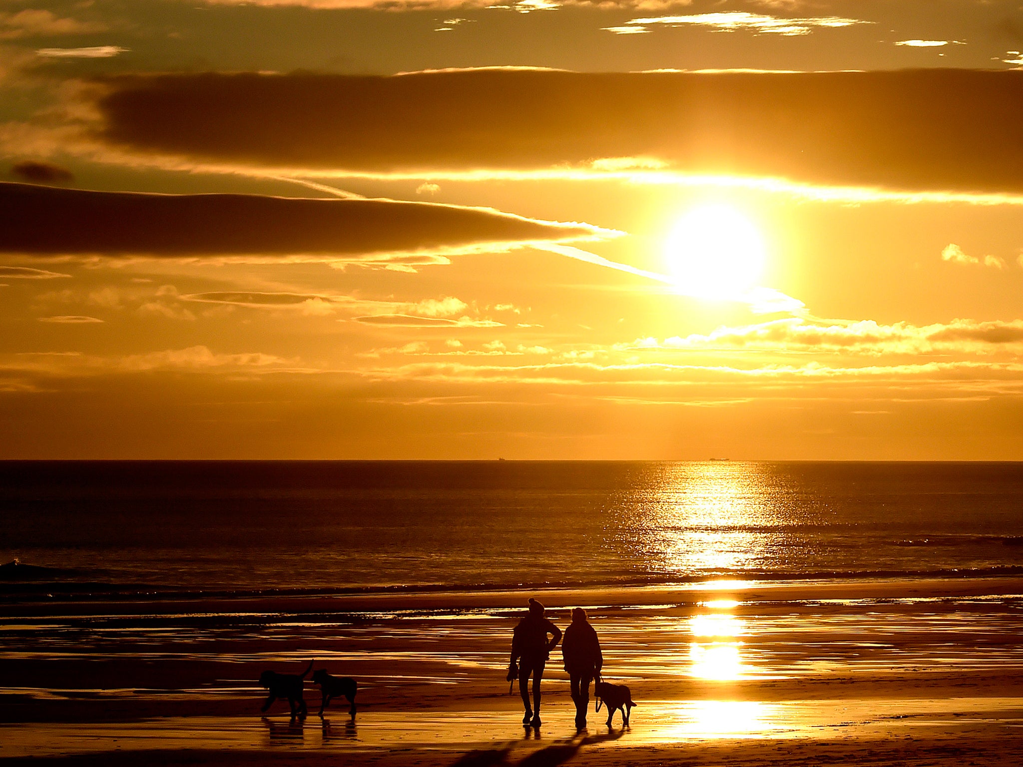 Dog walkers during sunrise on Longsands beach in Tynemouth