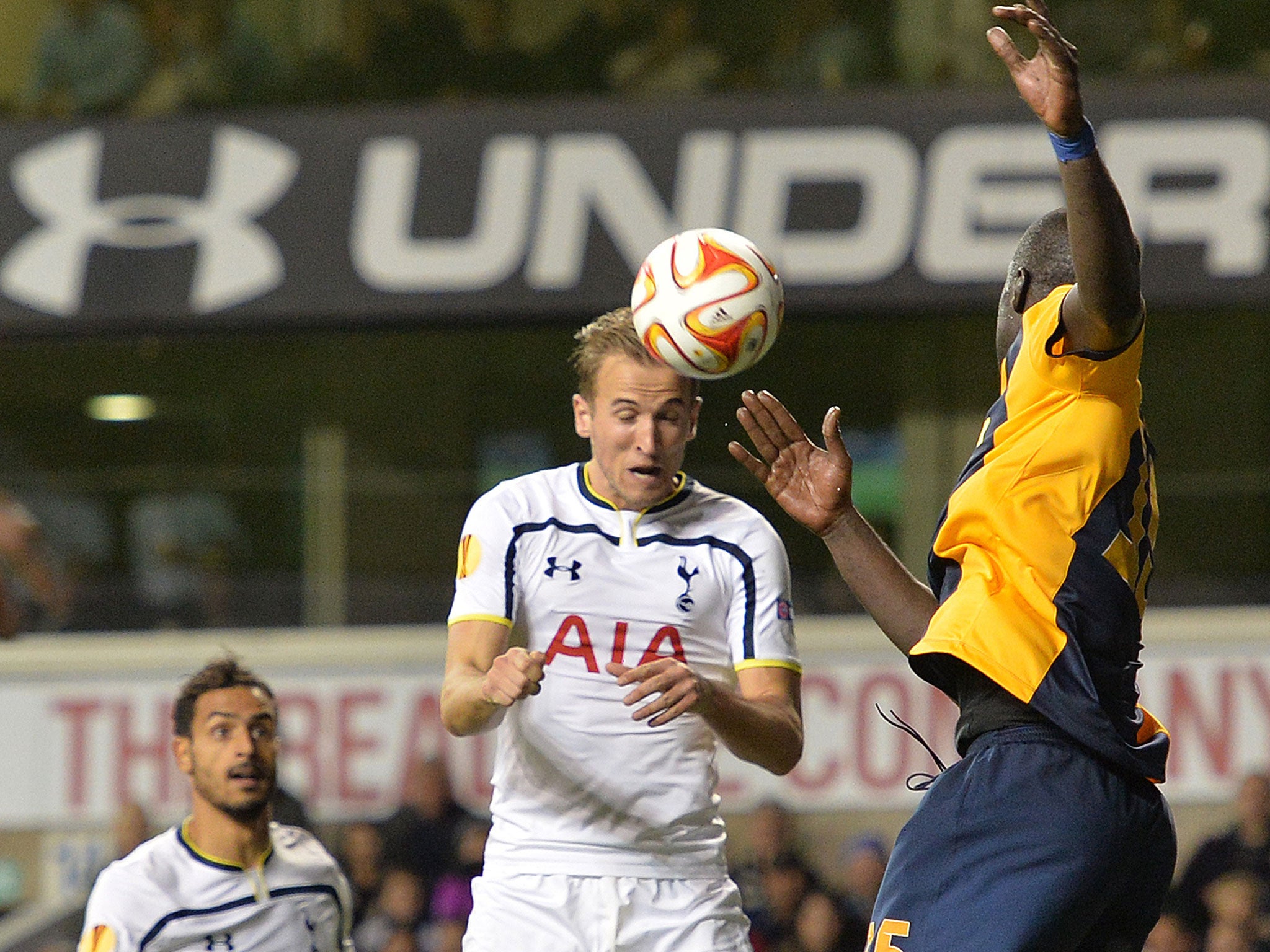 Harry Kane heads in his hat-trick against Asteras
