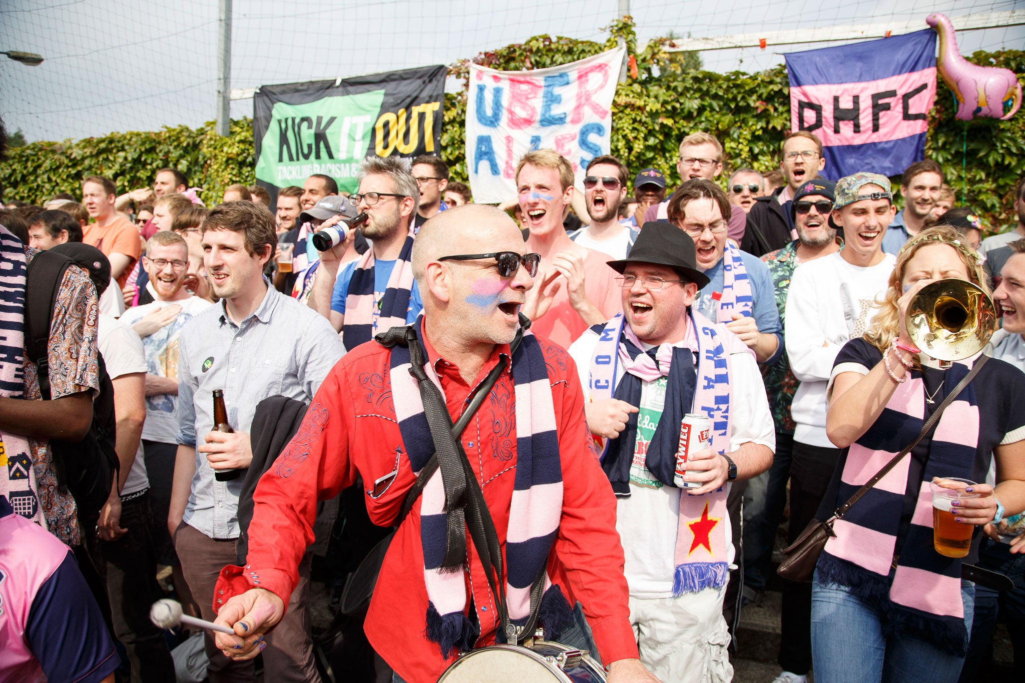 Fans of Dulwich Hamlet FC at their ground Champion Hill