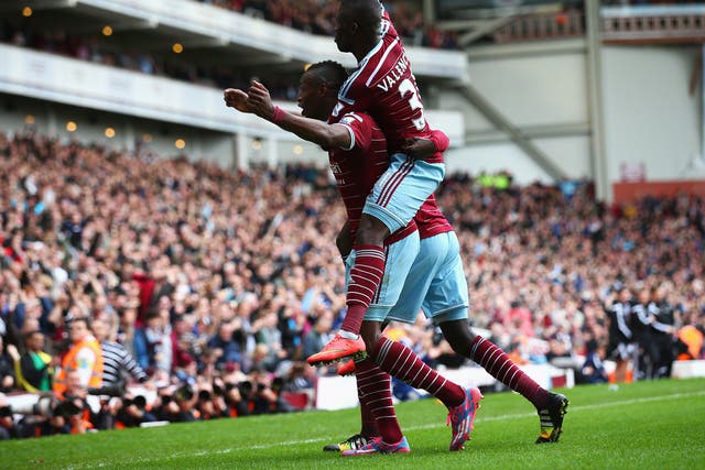 Diafra Sakho celebrates his goal for West Ham in the 2-1 win over Manchester City