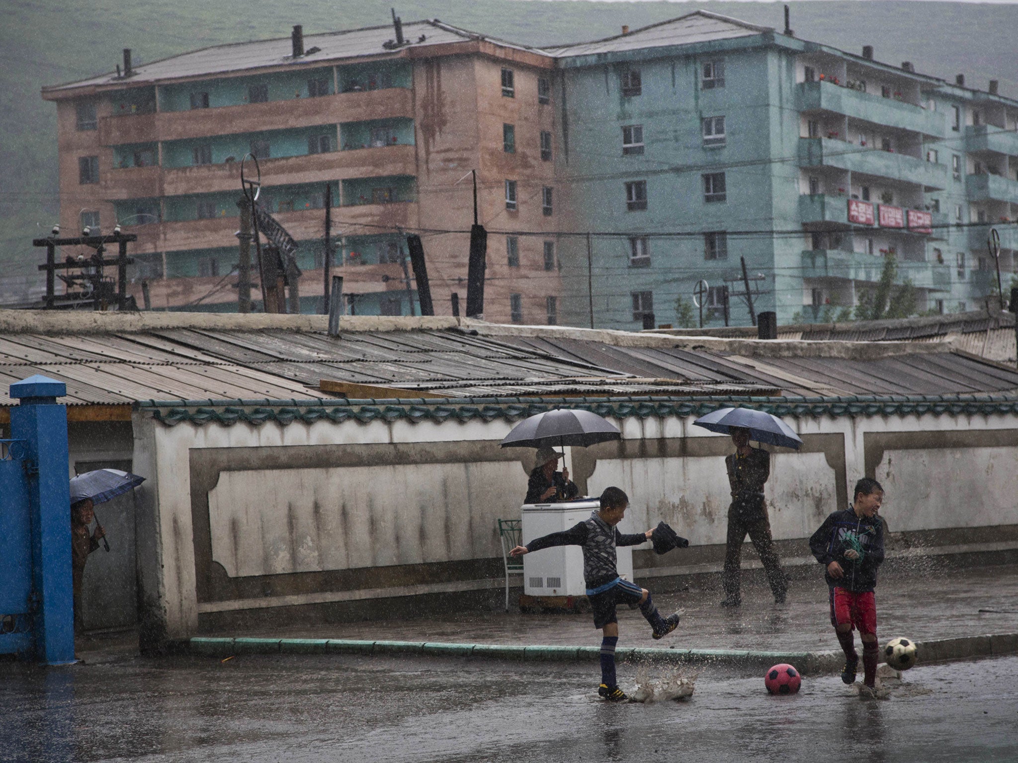 Boys play soccer in the town of Hyesan in North Korea's Ryanggang province.