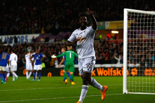 Wilfried Bony of Swansea City celebrates scoring their second goal during the Barclays Premier League match between Swansea City and Leicester City