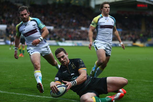 George North of Northampton Saints scores the first try during the European Rugby Champions Cup Pool 5 match between Northampton Saints and Ospreys