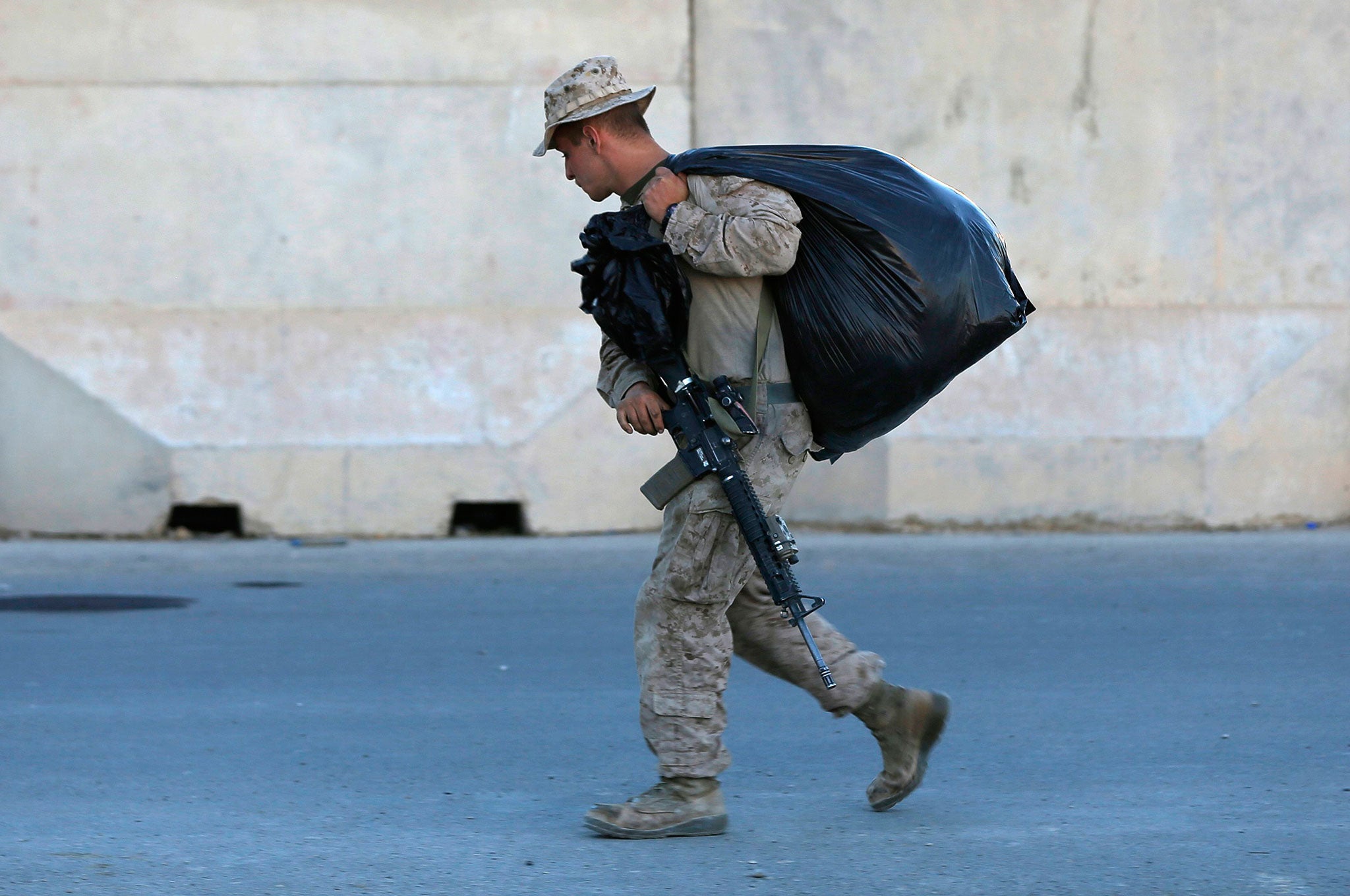 A U.S. Marine is pictured before withdrawal from the base, at Camp Bastion in Helmand province