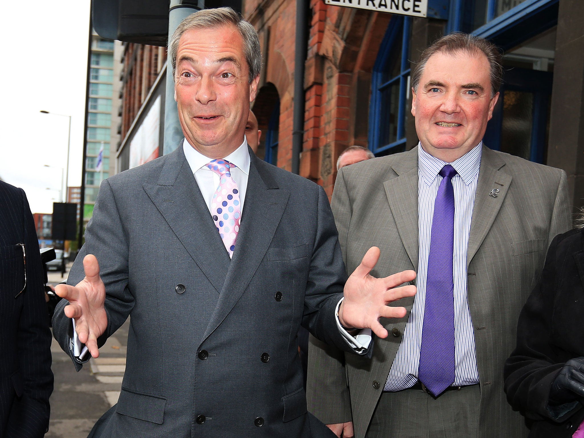 Jack Clarkson, the police commissioner candidate, right, campaigns with the Ukip leader Nigel Farage in Sheffield