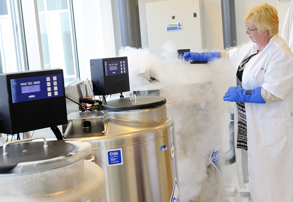 A technician opens a vessel containing women's frozen egg cells