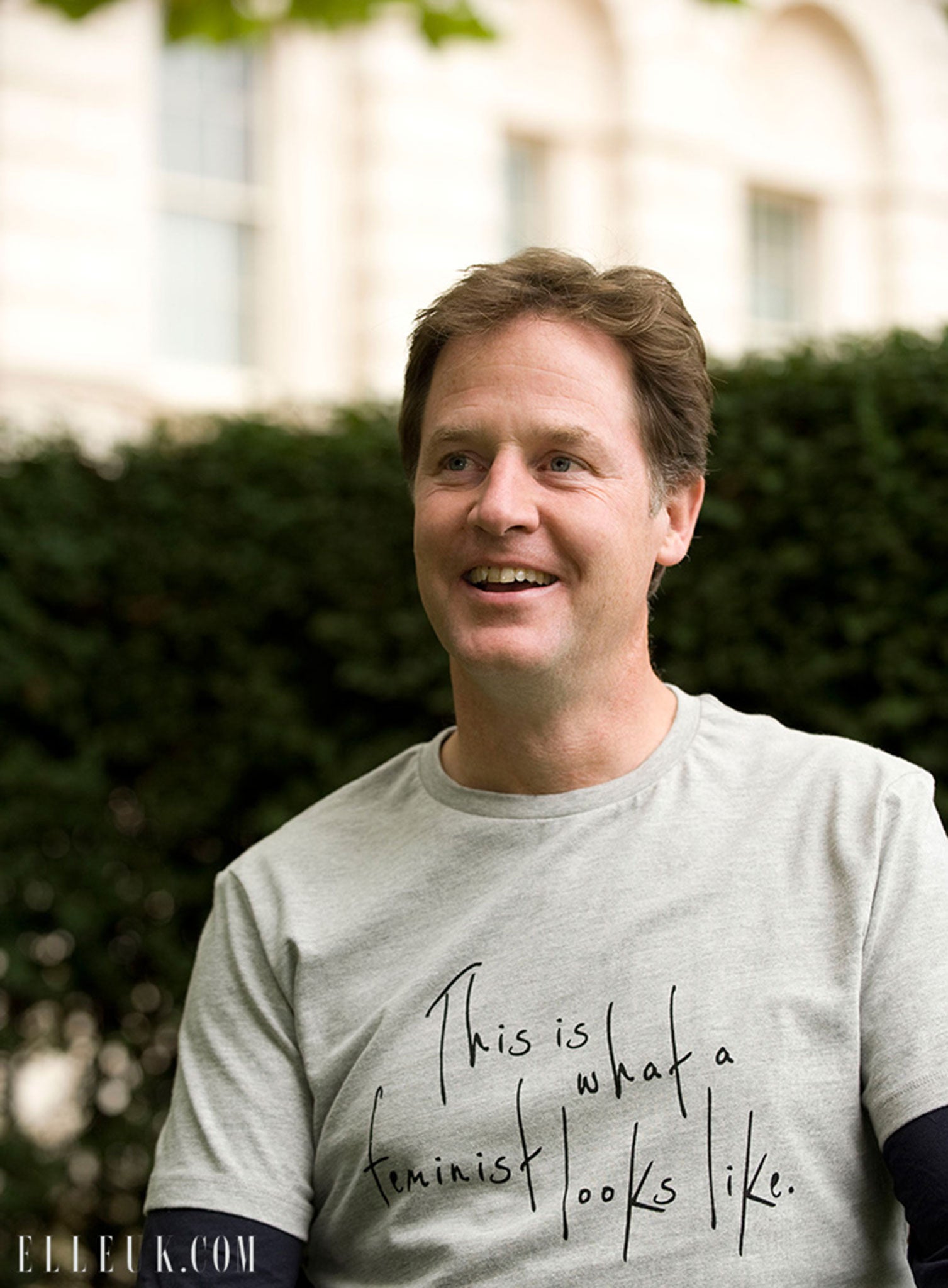 Nick Clegg wearing the Fawcett Society T-shirt for Elle magazine