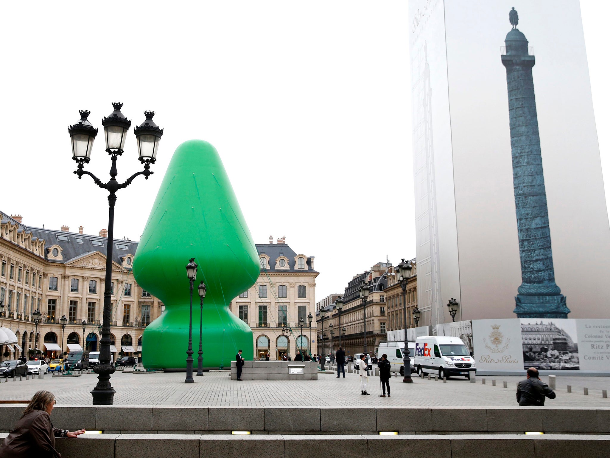 A sculpture entitled 'Tree' by US artist Paul McCarthy is on display at the Place Vendome in Paris, France