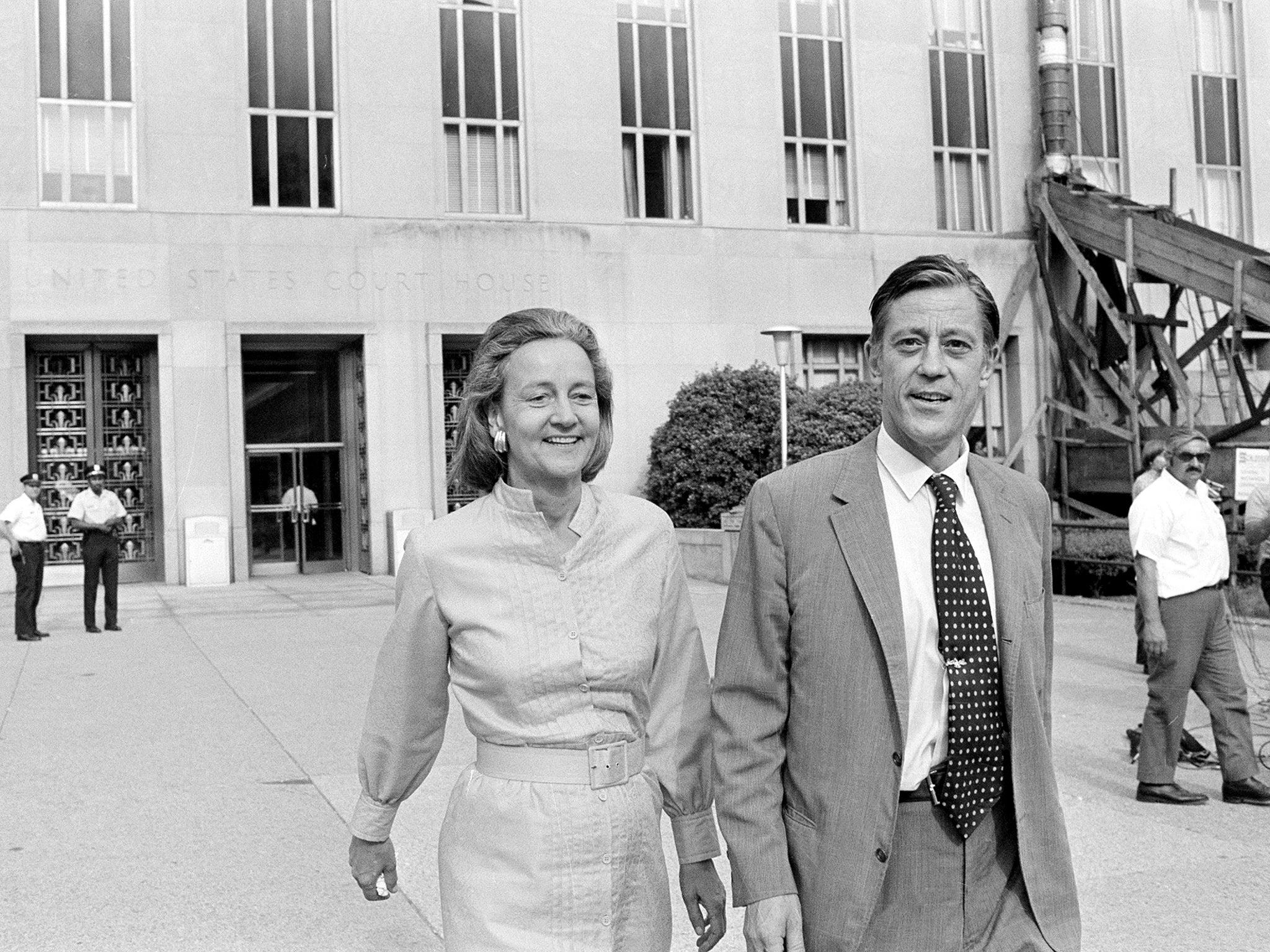 In this June 21, 1971 file photo, Washington Post Executive Director Ben Bradlee and Post Publisher Katharine Graham leave U.S. District Court in Washington