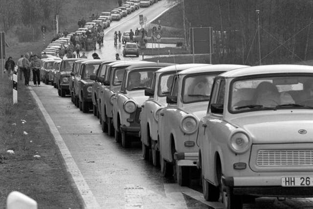 East German drivers queue at the Schirnding border crossing  into Czecho-slovakia five days before the fall of the Berlin