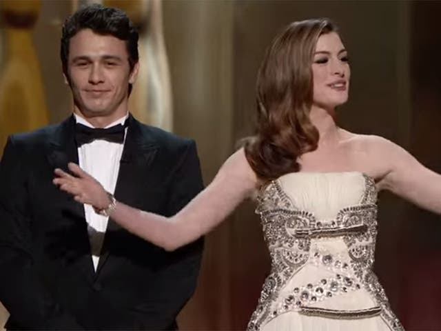 Mismatched co-hosts Anne Hathaway and James Franco – he looked about to fall asleep, she compensated by going into hyperdrive. Golden Globes host Tina Fey quipped: 'I’ve not seen someone so totally alone and abandoned like that since you were onstage with