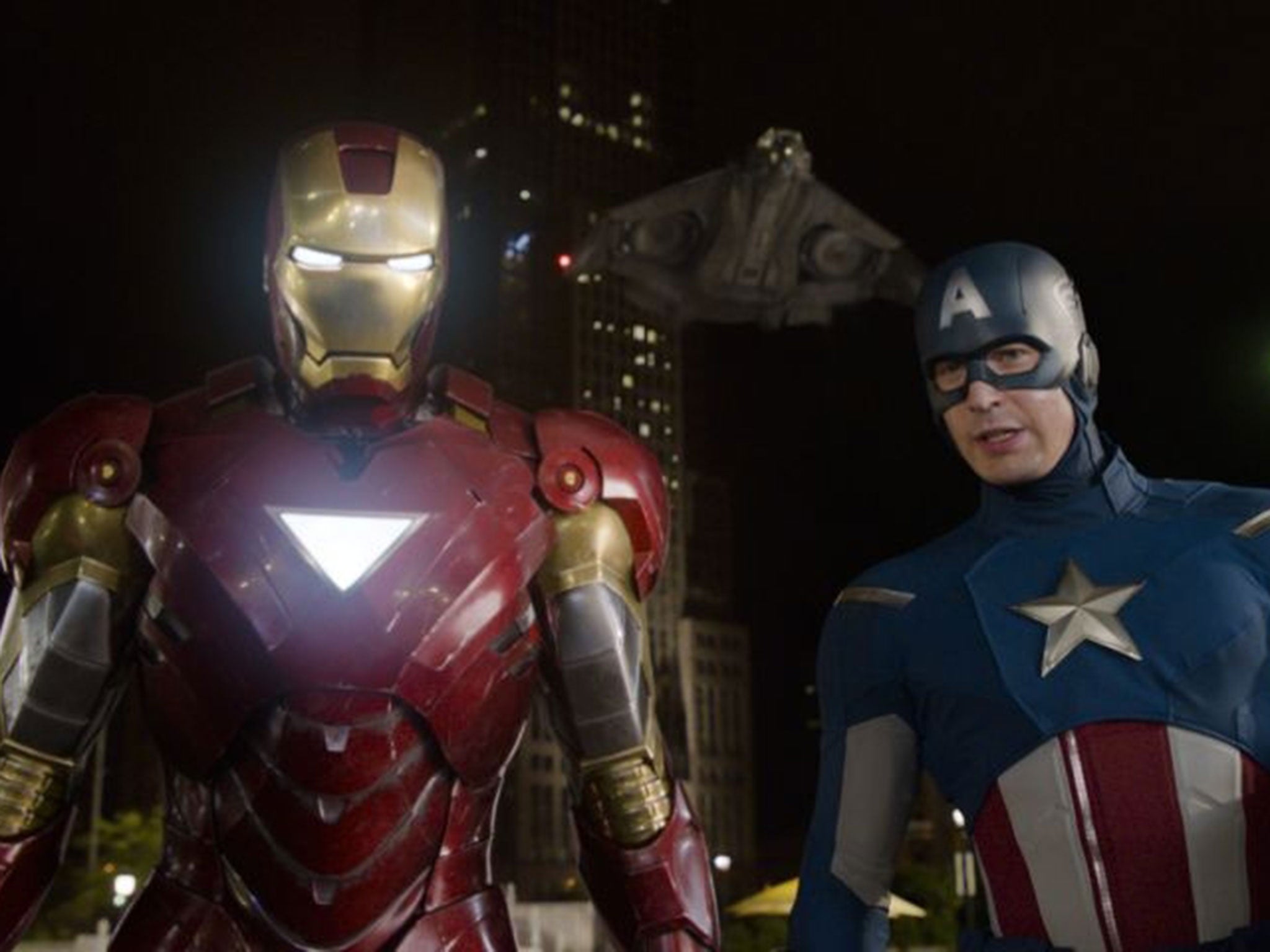 Iron Man and Captain America in a scene from "The Avengers" ahead of the release of next The Avengers: Age of Ultron