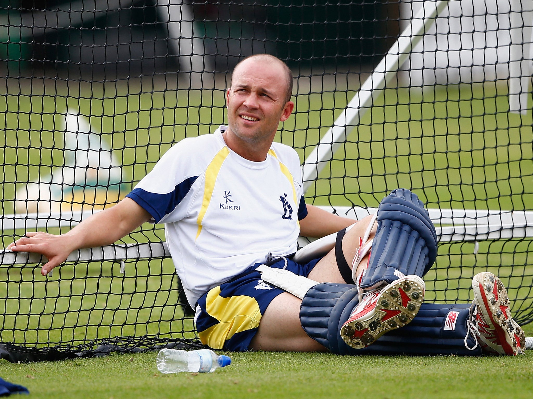 Jonathan Trott relaxes in the nets after some Warwickshire batting practice