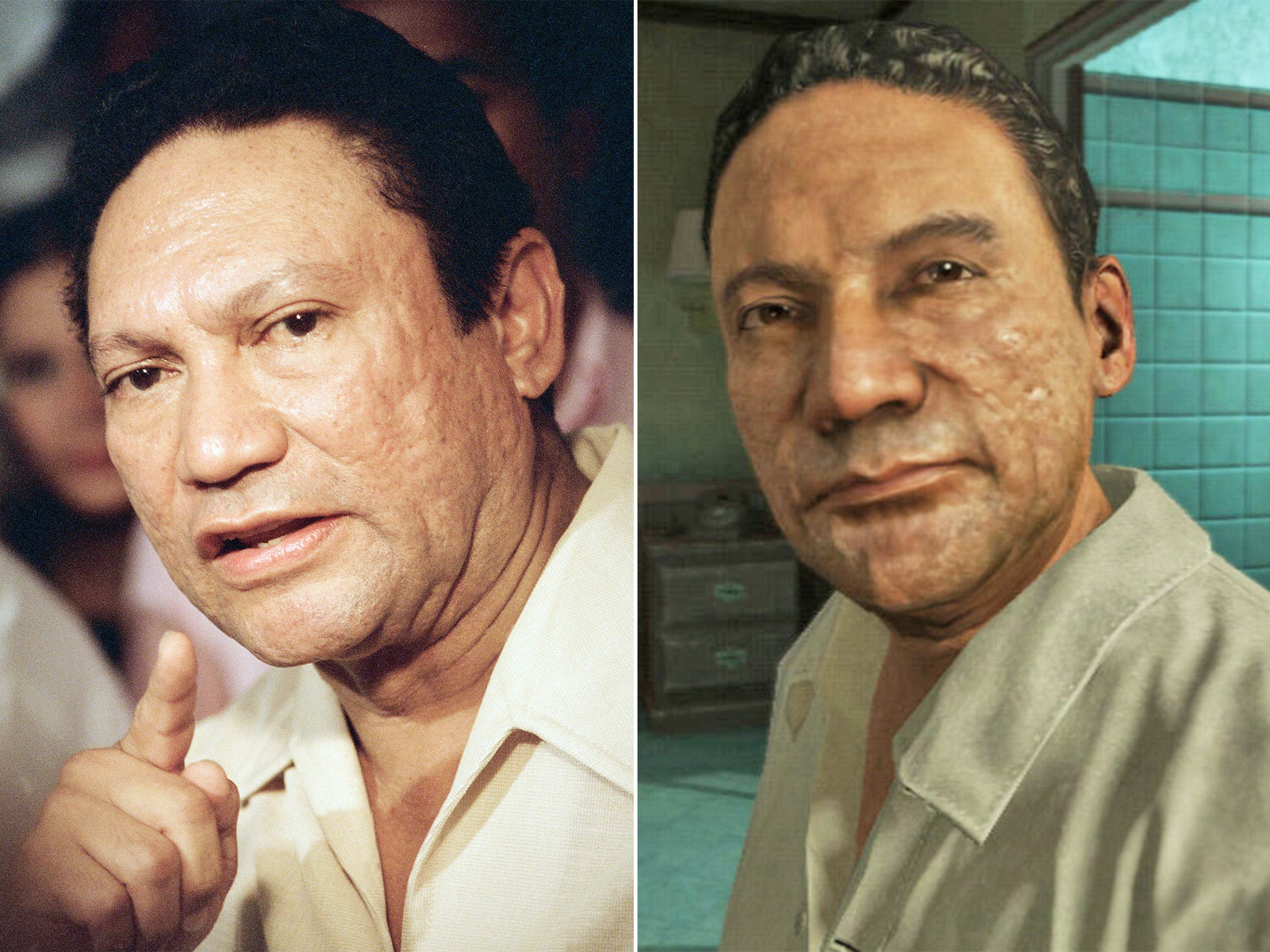 Manuel Noriega, left, and a character in 'Call of Duty: Black Ops II' that was based on the former Panamanian dictator