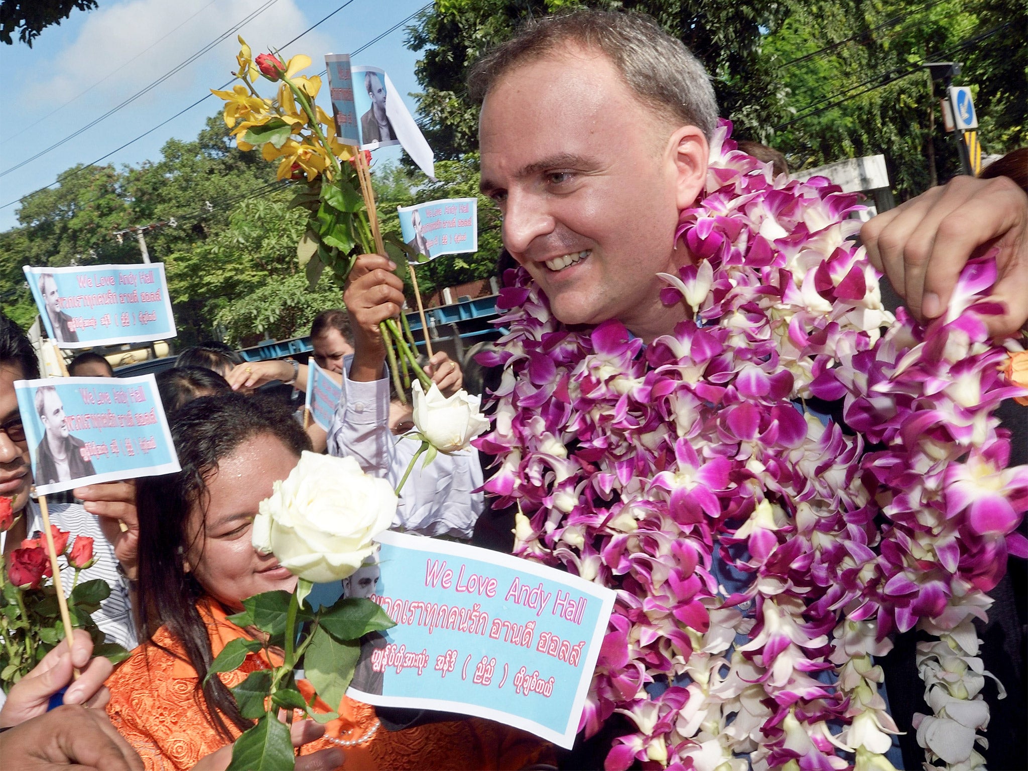 Andy Hall arrives at the court in Bangkok