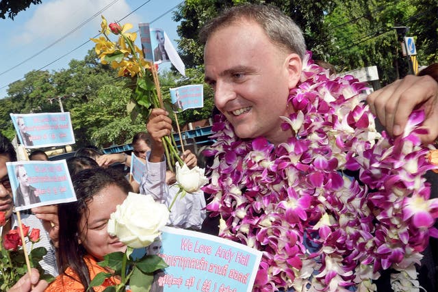 Andy Hall arrives at the court in Bangkok