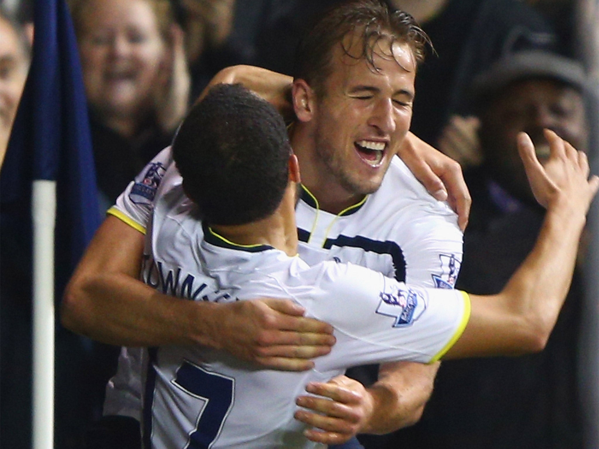 Harry Kane celebrates scoring Spurs' second goal with Andros Townsend