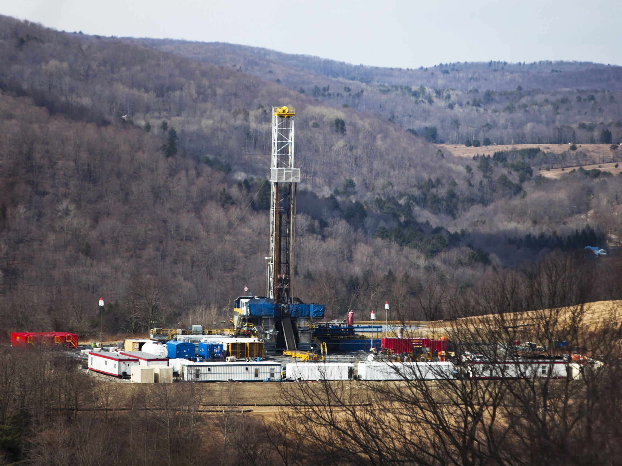A fracking drill near Montrose, Pennsylvania. High levels of benzene, formaldehyde and hydrogen sulphide were found at fracking sites in the US
