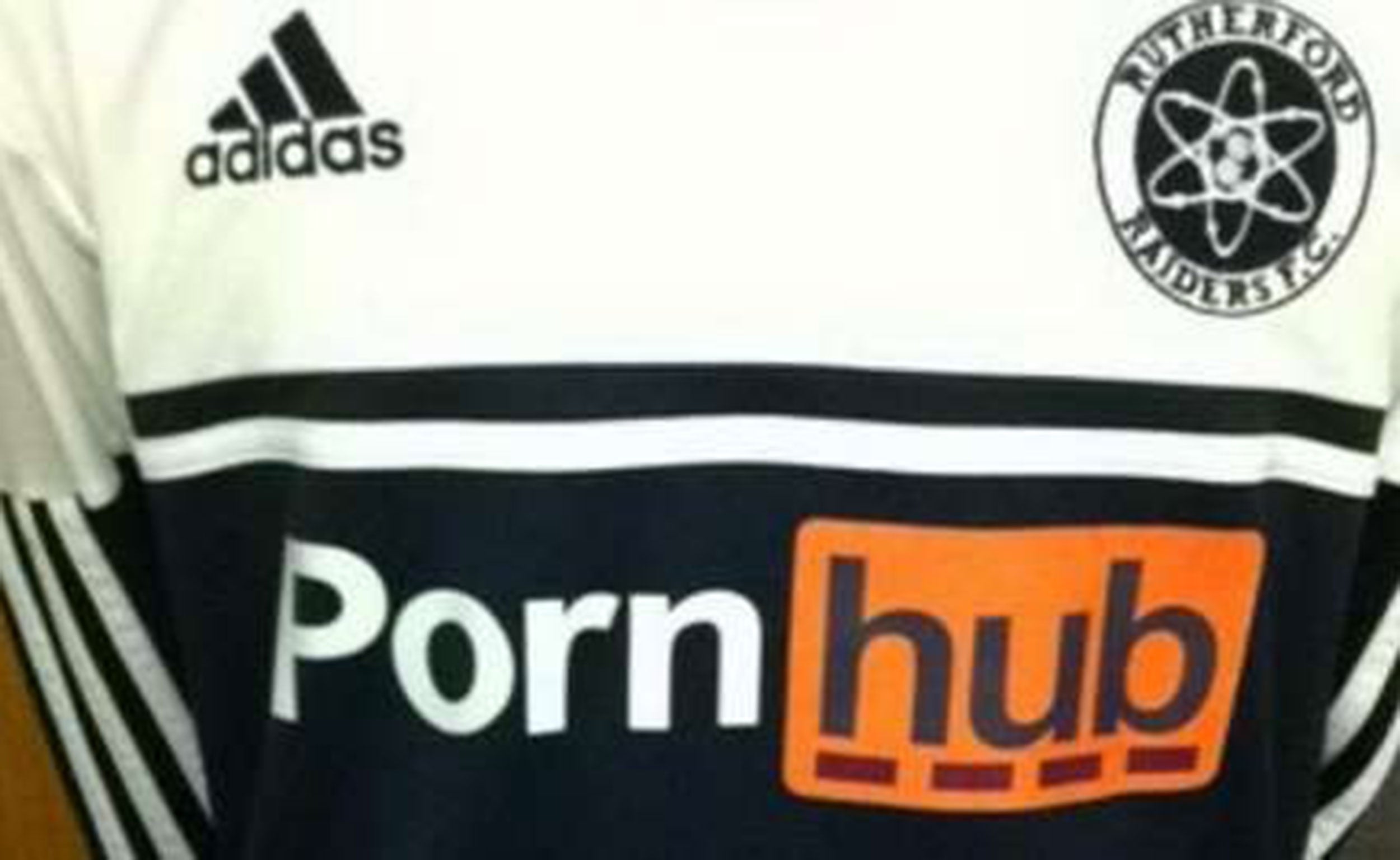 A Rutherford Raiders shirt with the PornHub sponsorship