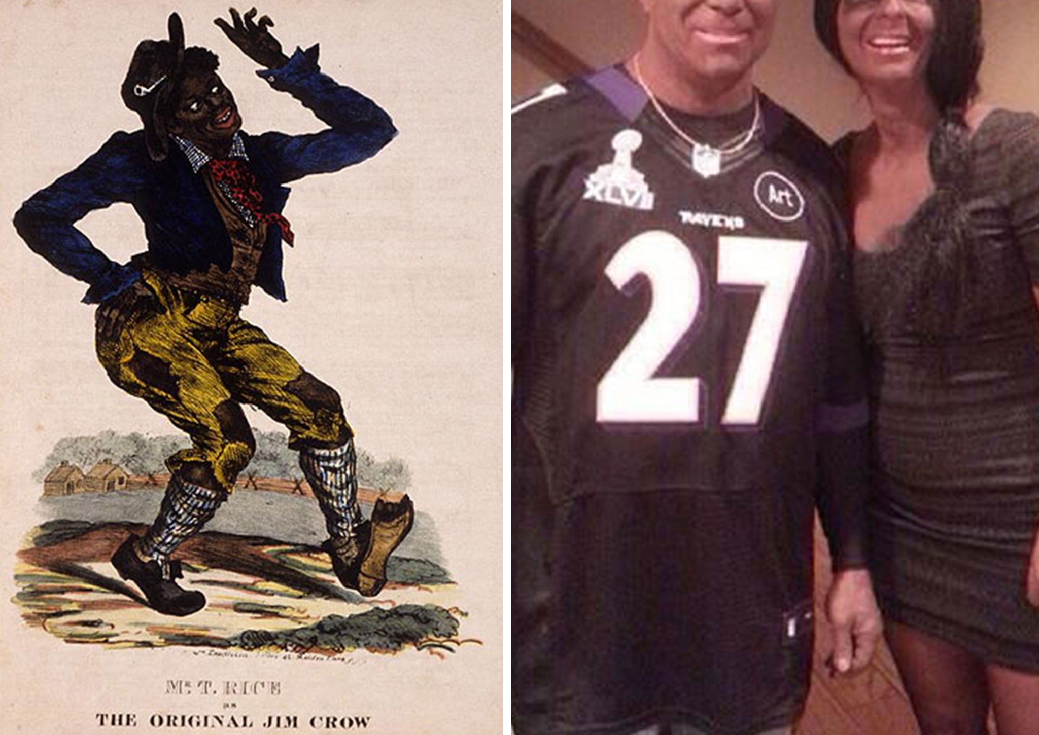 Does anything change? Left: An illustration of the original Jim Crowe, played by TD Rice Right: A Couple dressed as Ray and Janay Rice