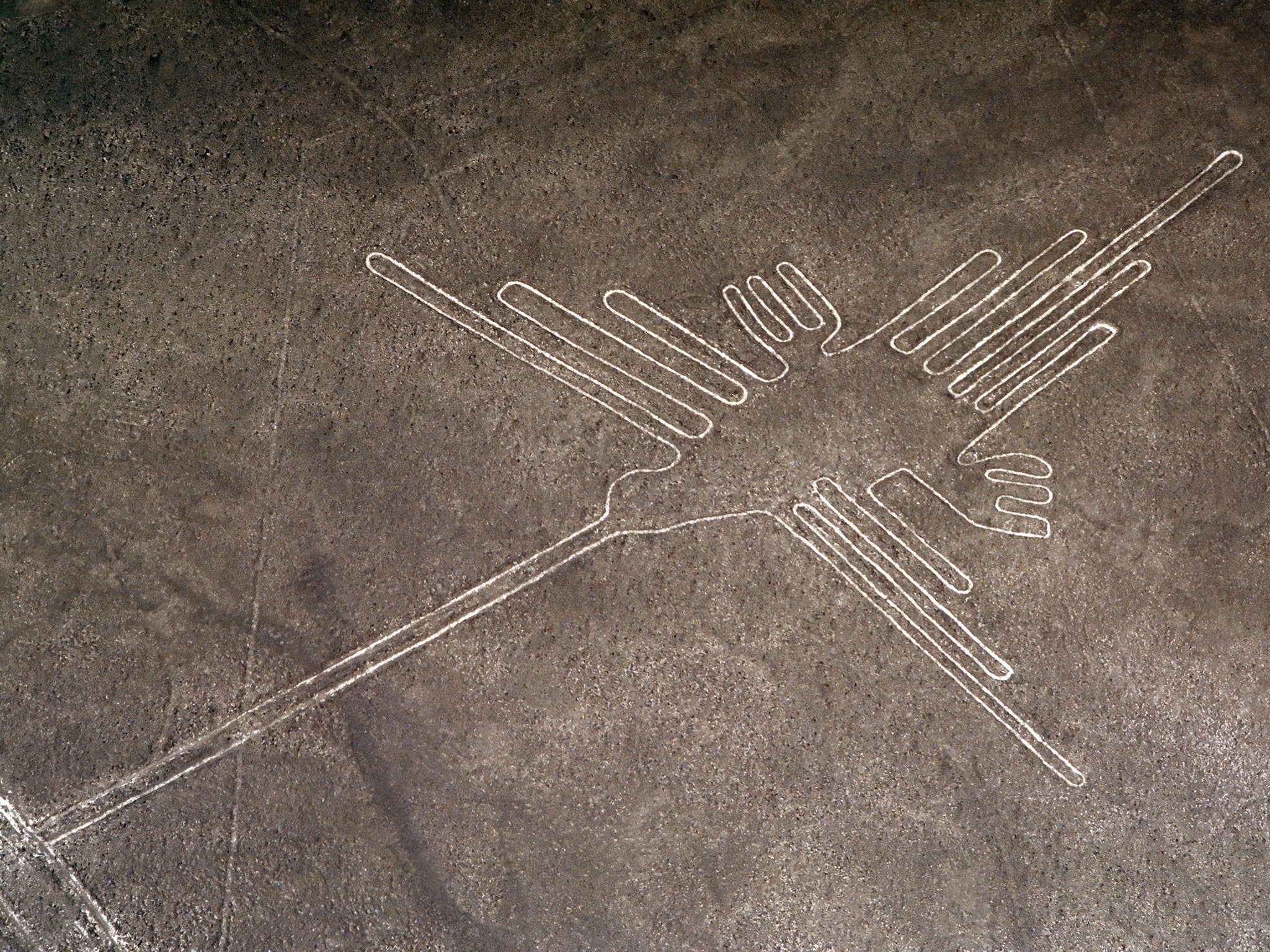 PERU NAZCA LINES AERIAL OF THE DRAWING OF A HUMMINGBIRD