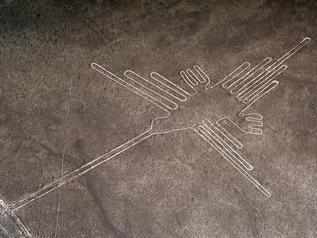 PERU NAZCA LINES AERIAL OF THE DRAWING OF A HUMMINGBIRD