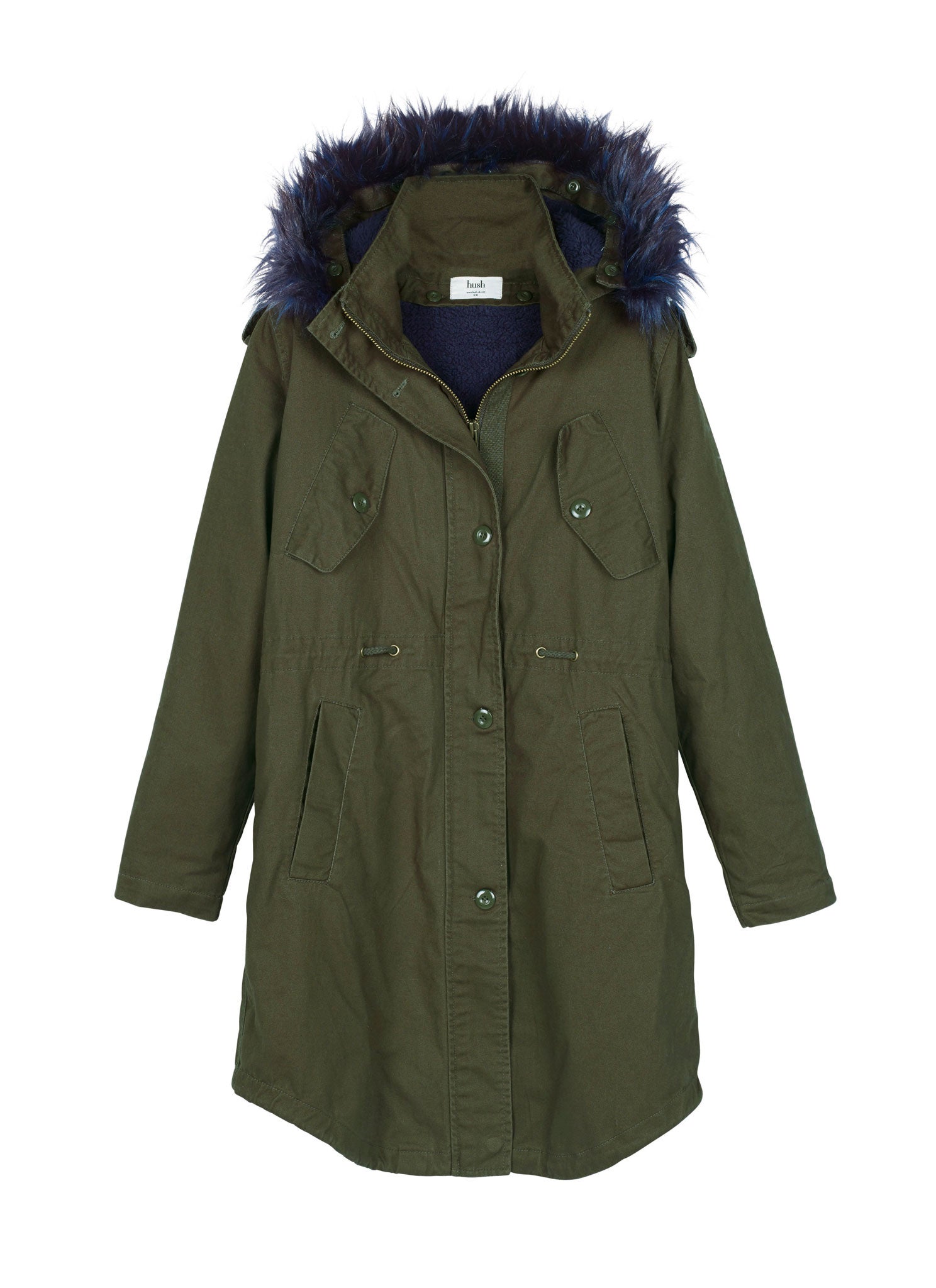 Coat with contrasting navy lining and trim from Hush, £170, hush-uk.com