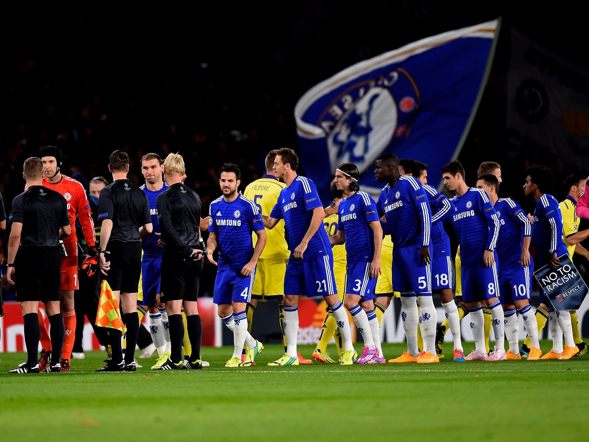 The opposing teams shake hands prior to kickoff during the UEFA Champions League Group G match between Chelsea FC and NK Maribor
