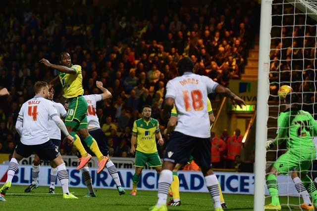 Cameron Jerome scores a goal for Norwich City during the Sky Bet Championship match between Norwich City and Bolton Wanderers