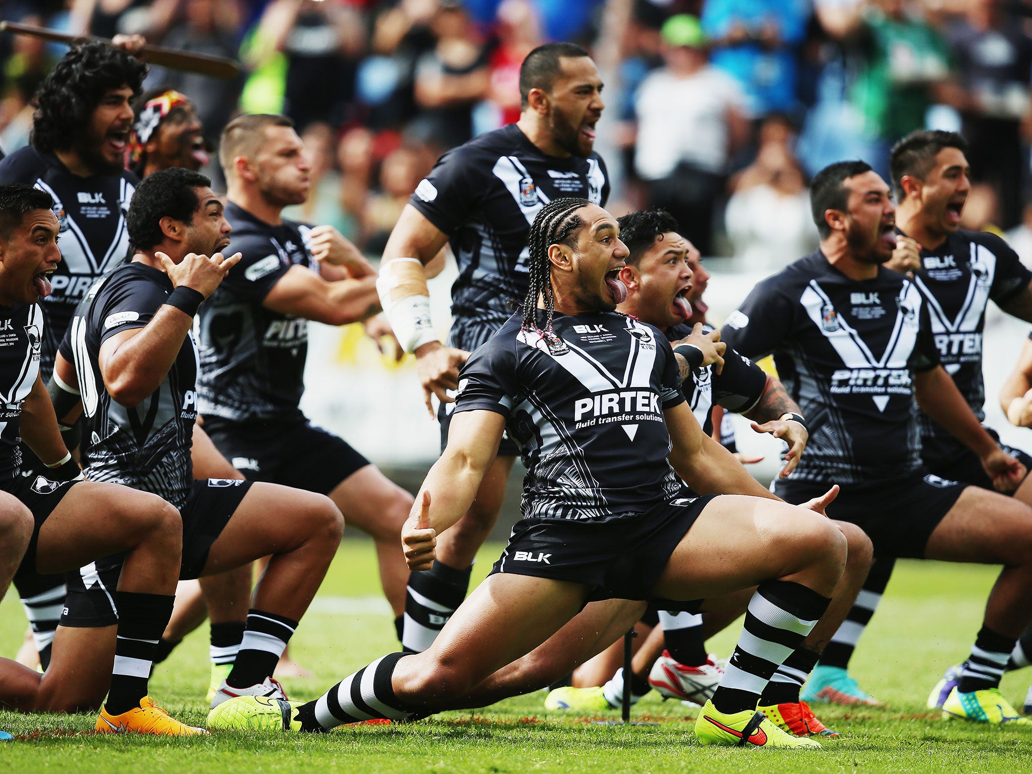 New Zealand's rugby league side perform the Haka ahead of their Four Nations clash with Samoa