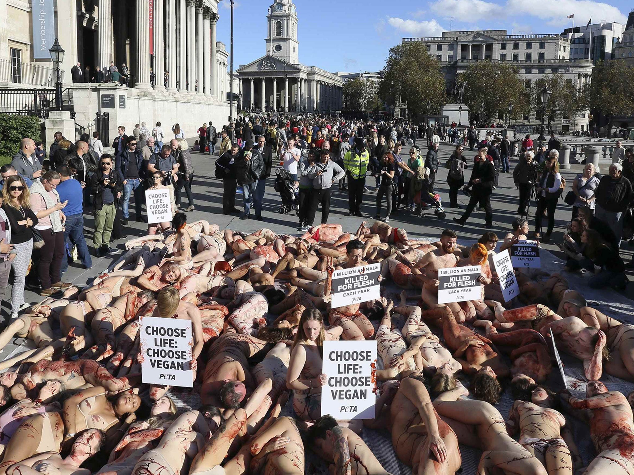 Supporters of People for the Ethical Treatment of Animals (PETA) gather to lie in a heap in Trafalgar Square to raise awareness on World Vegan Day